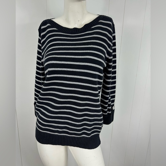 NEW Karen Scott Sz M Womens 3/4 Roll Tab Sleeve Sweater Metallic Thread Stripped - Picture 1 of 9